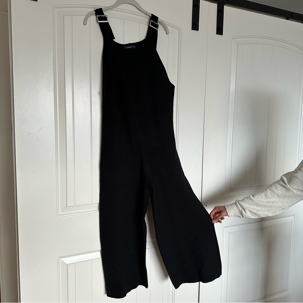 Black Zara Wide Leg Knit Jumpsuit with Pockets